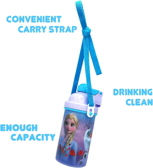 Disney Frozen Deluxe Carrying Strap One Touch Water Bottles with Reusable Built in Straw (Snow Canteen 16.9oz)...
