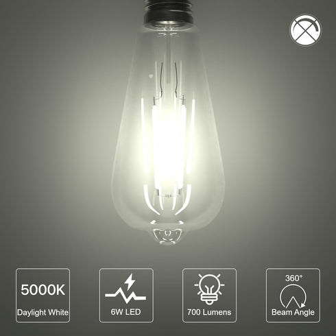 ORALUCE LED Edison Light Bulb 60 Watt Equivalent E26,Vintage Light Bulbs 6W 5000K Daylight White 700 Lumen, ST64 / ST21 Antique LED Filament for C...