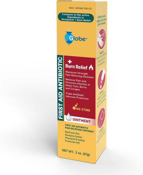 Globe {2 Oz) Dual Action Burn Relief & First-Aid Antibiotic Ointment for 24-Hour Infection Protection & Maximum Strength Burn Pain Relief, with Ba...