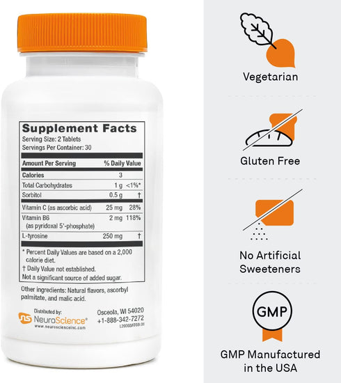 NeuroScience AttenTrex L-Tyrosine Chewable Tablets with Vitamin B6 - Supports Attention, Energy + Focus for Adults, Children, Teens - Supplement t...