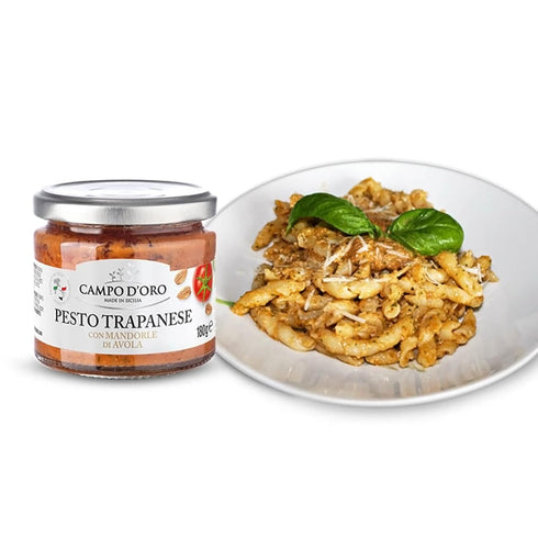 Trapanese Pesto Sauce, made with Tomato Sauce, Basil & Almonds. Italian Specialties. 6.3oz (180g). 100% made in Italy. By Campo D'Oro...