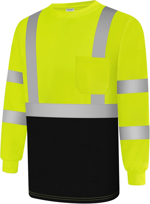 Safety Shirts for Men Class 3 High Visibility Shirts with Black Bottom, Hi Vis Reflective Shirts for Men Women, Long Sleeve Construction Work Shir...