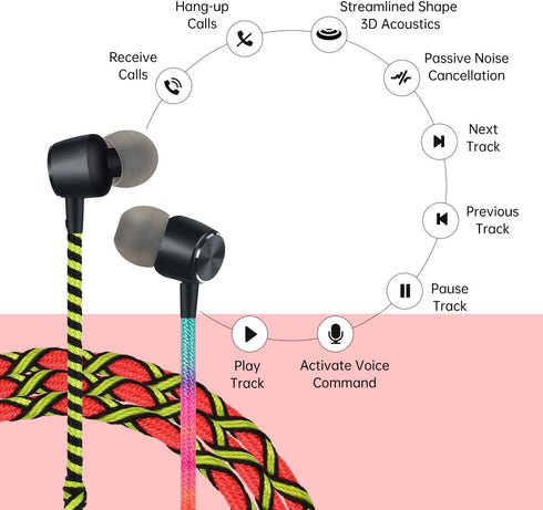 URIZONS Colorful Pretty in-Ear Earbuds Headphones - 3.5mm with Microphone for iPhone iPad iPod Mac Laptop Tablets Android Smartphones Fabric Braid...