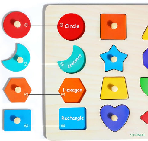 GRINNNIE Toddler Shape Puzzle for 1 2 3 Years Old Boys and Girls, Montessori Wooden Learning Toys Shape Sorting Peg Puzzle for Toddlers 1-3, Gifts...