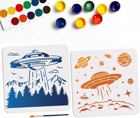 2pcs UFO Planet Space Stencils 11.8×11.8inch Large Spaceships Stencil Template with Paint Brush Square Space Theme Stencils on Wood Canvas Fabric ...