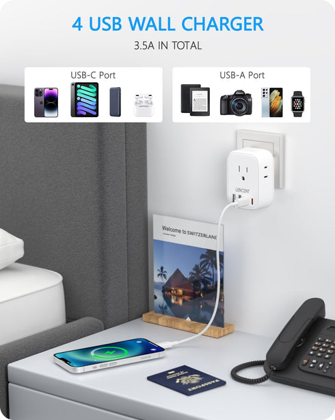 LENCENT Switzerland Travel Plug Adapter, Swiss Power Adaptor with 4 American Outlets, 4 USB Charger(2 USB C), Type J Plug Converter for US to Swit...