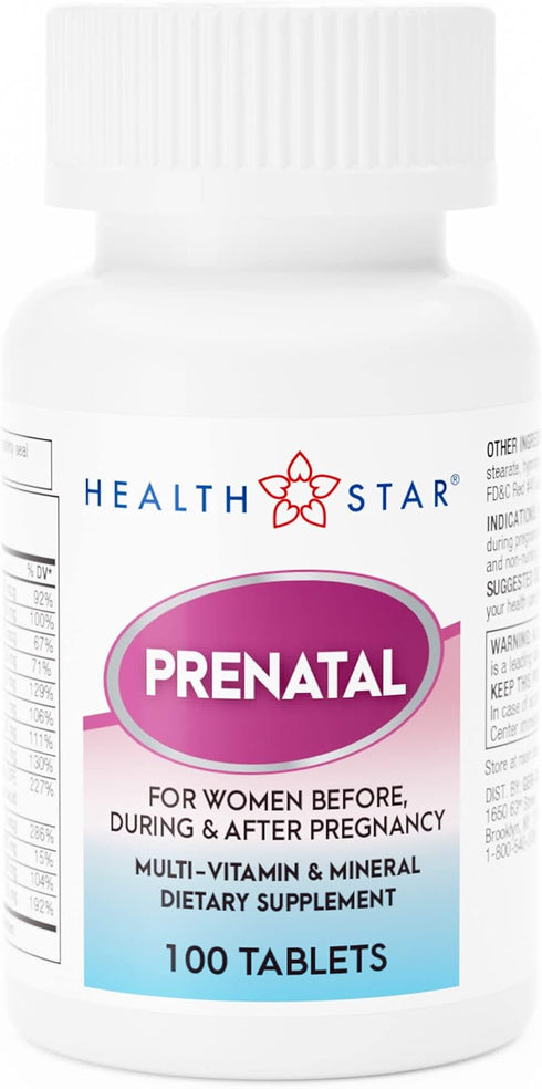 Prenatal Multivitamin by HealthStar for Healthy Mom and Baby - Folate + Vitamin C + Vitamin D + Iron + Calcium + B12 - 100 tablets...