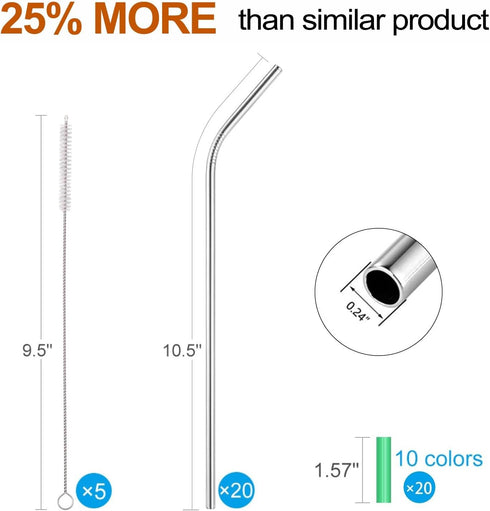MUTNITT Set of 20 10.5" Reusable Bent Stainless Steel Straws with 20 Silicone Tips 5 Cleaning Brush 1 Travel Case Eco Friendly Extra Long Metal St...
