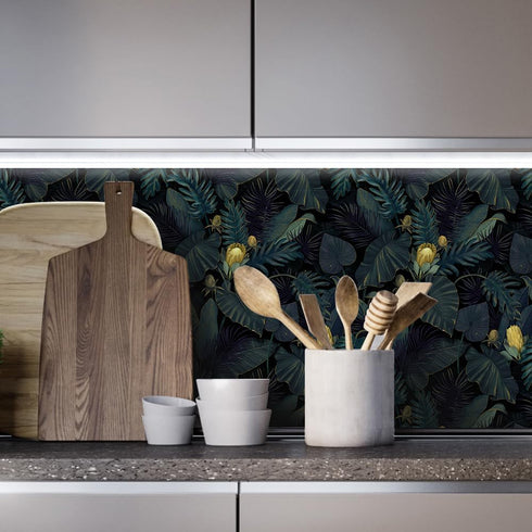 Tropics Plants Floral Peel and Stick Wallpaper, 17.71in X 118.1in Self Adhesive Removable WallPaper Black/Dark Green/Yellow Contact Paper Waterpro...