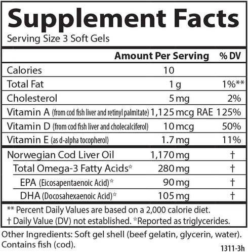 Carlson - Cod Liver Oil Minis, 280 mg Omega-3s + Vitamins A & D3, Heart Support & Cognitive Function, Vision Health, 100 Mini Softgels...