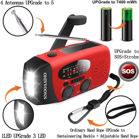 2000mAh SOS Alarm Emergency AM FM Weather Radio, 3LED Type-C Hand Crank Solar Battery Operated Portable Wind Up Radio Flashlight, Cell Phone Charg...