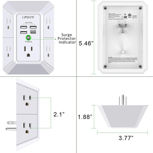 Wall Charger, Surge Protector, QINLIANF 5 Outlet Extender with 4 USB Charging Ports (4.8A Total) 3-Sided 1680J Power Strip Multi Plug Adapter Spac...