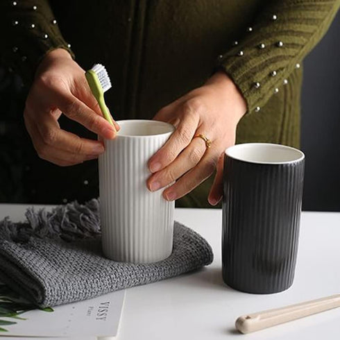 Striped Ceramic Toothbrush Cup, Couple Toothbrush Cup, 10.5 oz Simple Toothbrush Cup, Drinking Cup, Tea Cup (White)...