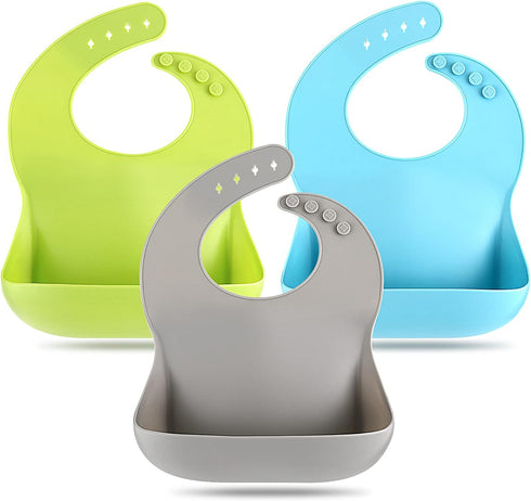 Silicone Bibs for Babies Toddler Set of 3, BPA Free, Soft Adjustable Waterproof Bibs for Feeding Essentials...