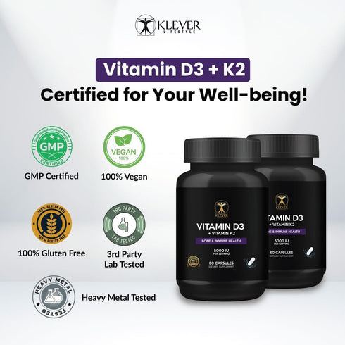 Klever Lifestyle Vitamin D3 & K2 - Supplement for Bone, Joint & Immune Health, Mood Support, Antioxidant, Strong Bones - 60 capsules - 5000 UI per...