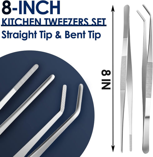 Gutsdoor Kitchen Tweezers Set Stainless Steel Tongs Tweezers Set of 2 with Precision Serrated Tips for Cooking (8 Inch Set)...