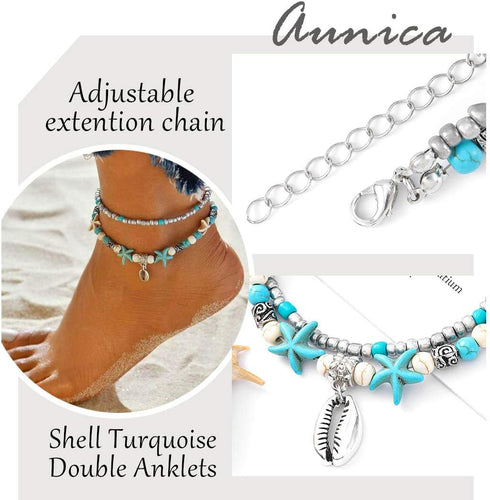 Yokawe Boho Layered Beaded Anklet Bracelets Silver Shell Turtle Anklet Chain Starfish Summer Beach Barefoot Sandals Foot Jewelry for Women and Tee...