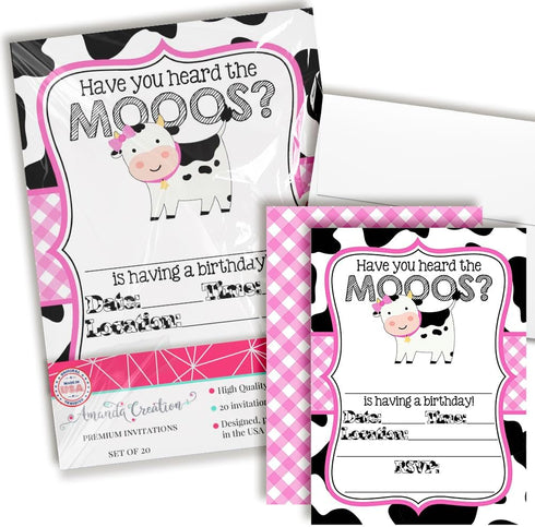 Heard the Moos Pink Cow-Themed Birthday Party Invitations for Kids, 20 5x7 Fill In Cards with Twenty White Envelopes by AmandaCreation...
