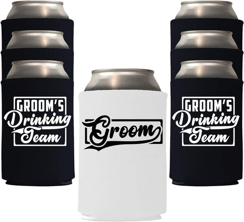 Veracco Groom's Drinking Team Can Coolie Holder Bachelor Party Wedding Favors Gift For Groomsmen Proposal (12, Wht Groom, Blk DT)...