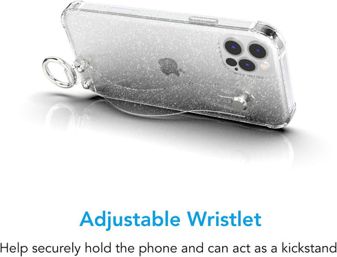 Clear Glitter Case with Hand Strap Compatible with iPhone 12 Pro Max 6.7 Inch, Sparkle Bling Cover Case with Adjustable Wrist Strap Stand Holder a...