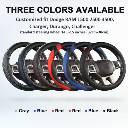West Llama Customized Auto Car Steering Wheel Cover for Dodge 1989-2011 RAM 1500 2500 3500, Charger, Durango, Challenger(Diamond Quilted-Black+Gra...