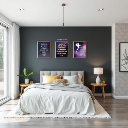 Posterizer 3 pcs-Purple Girly Peter Pan, Fairies Cartoon Quotes-Kids Room Art-Quotes- Decor for nursery toddlers kids room- unframed wall art...