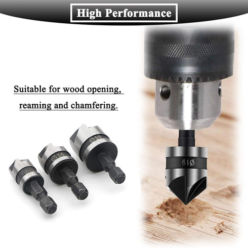 3Pcs Countersink Drill Bits 5 Flute 90 Degree Chamfering Countersink Drill Bit Set with 1/4'' Hex Shank Woodworking Chamfer Drilling Tool Carbon S...