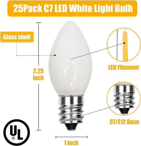 SUNSGNE C7 LED White Replacement Christmas Light Bulbs, 0.6W LED E12 Candelabra Base Bulbs - Great for Salt Lamp, Night Lights, Decorative Lights,...