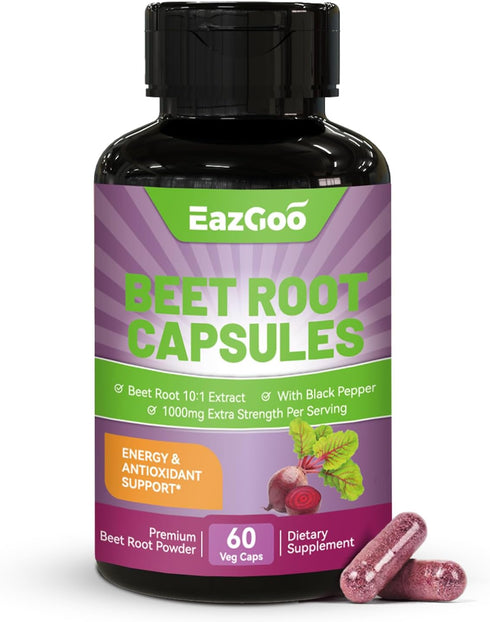 Beet Root Capsules 1000mg Per Serving, Supports Nitric Oxide Production & Blood Pressure, with Black Pepper Extract, Non-GMO, Gluten Free, Vegan -...