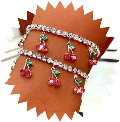 Bohemian Cherry Anklets Cubic Rhinestone Dangle Ankle Bracelets Silver Tassel Fruit Anklet Sparkle Tennis Chain Anklets Foot Jewelry for Women...