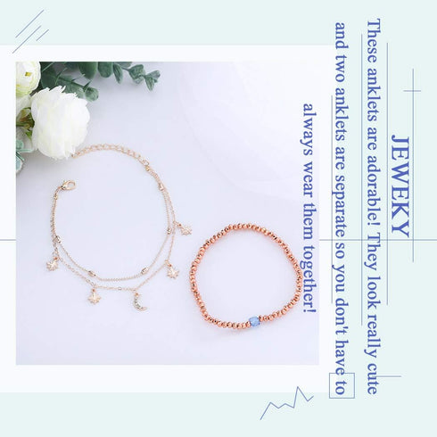 Boho Three Layered Beaded Ankle Bracelets Gold Moon Summer Beach Anklet Chain for Women...