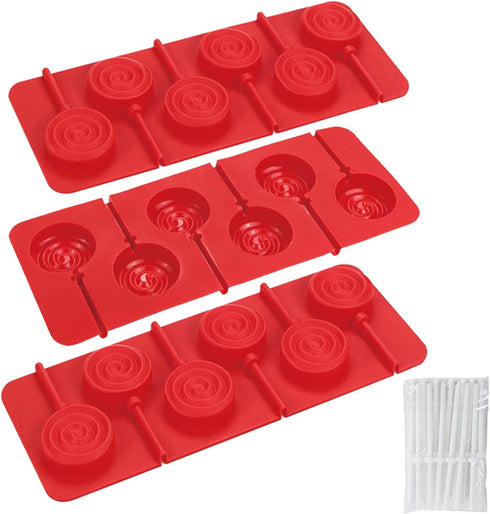 Webake Lollipop Mold With Sticks 3 Pack Sucker Molds Chocolate Hard Candy Molds Silicone 6 Cavity Swirl Lollypop...
