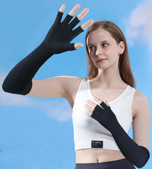 Copper Long Arthritis Gloves,Long Wrist Compression Arm Sleeve Carpal Tunnel Gloves, Fingerless Hand Compression Gloves for Men Women Computer Typ...