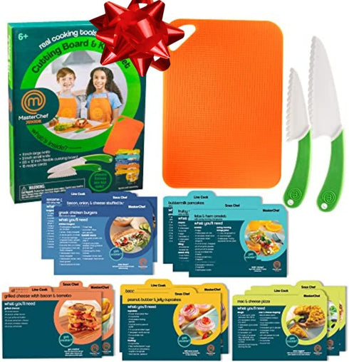 MasterChef Junior Knife and Cutting Board Set - Includes Real Cutting Tools for Kids and 15 Cooking Childrens Baking Recipes - Great for Homemade ...
