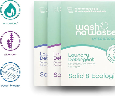 Wash No Waste - Laundry Detergent Strips - 64 Washes - Hypoallergenic, Softening, Powerful Cleaning - Vegan and Cruelty-Free - Plastic-Free - Biod...