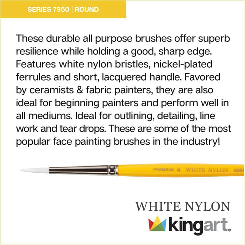 KINGART Premium White Nylon 7950-4 Gold Grip Round Artist Brushes, Synthetic Nylon Hair, Acrylic & All Media, Face Painting, Body Art, Fabric, Cer...