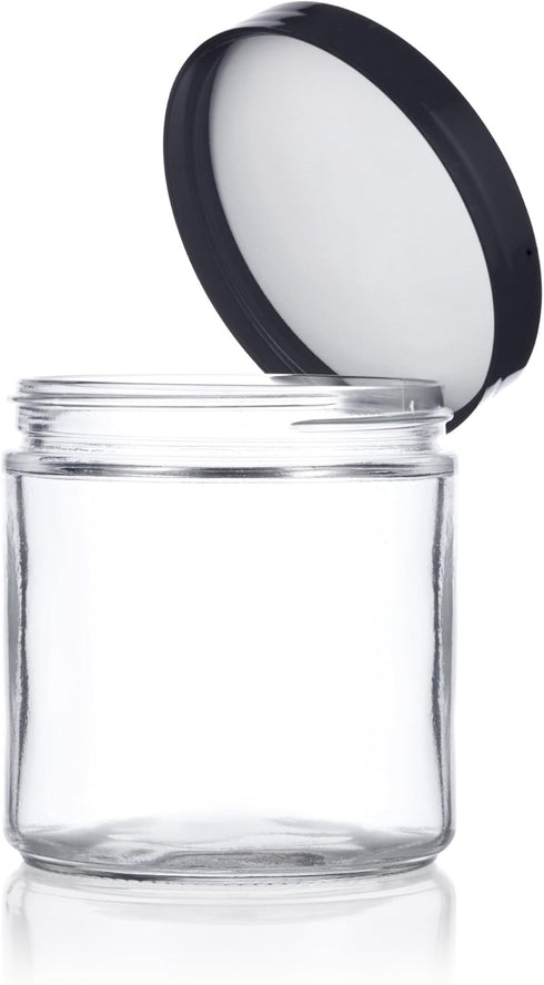 16 oz Large Clear Thick Glass Jar with Black Foam Lined Lid (4 pack)...