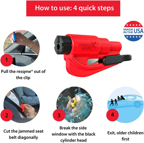 resqme The Original Emergency Keychain Car Escape Tool, 2-in-1 Seatbelt Cutter and Window Breaker, Made in USA, Family Pack of 3, Red, Blue, Yello...