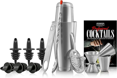 NutriChef Mixology Bartender Cocktail Shaker Set - Includes 15 & 30 oz Stainless Steel Shakers, 6 Bottle Pourers & More - Essential Martini Making...