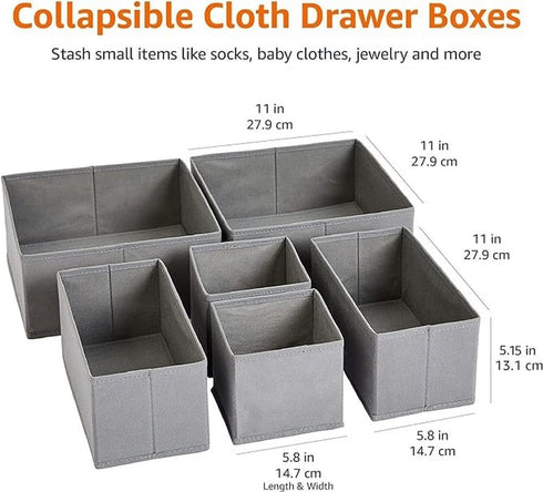 Amazon Basics Cloth Drawer Storage Organizer Boxes for Socks, Underwear and Baby Items, Set of 6, Gray...