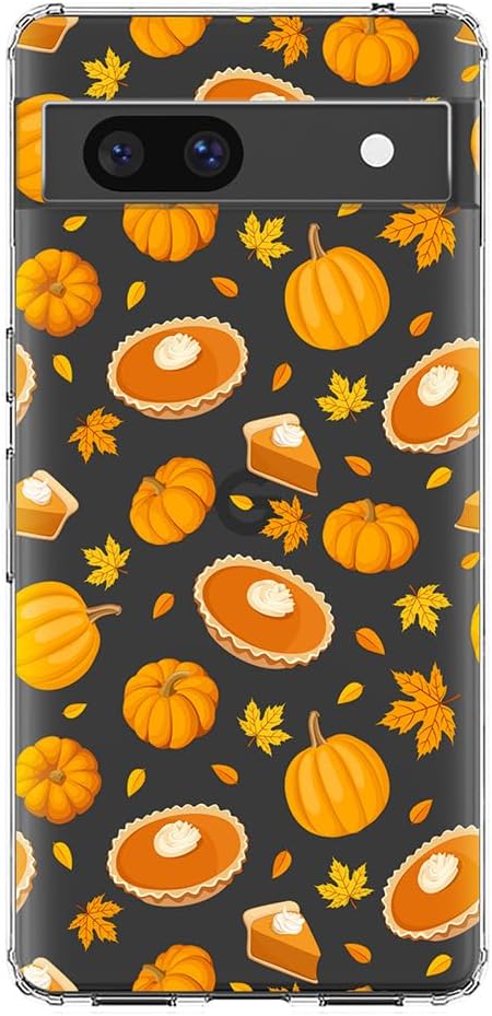 Blingy's for Google Pixel 7a Case, Fun Fall Pumpkin Style with Autumn Leaves Pattern Cute Dessert Design Transparent Soft TPU Protective Clear Cas...