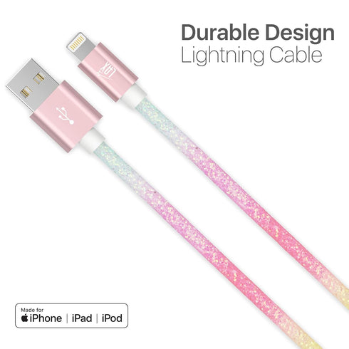 LAX Gadgets USB A to Lightning Cable - Glitter Apple MFI Certified Lightning Cable for iPhone, iPad, iPod - Nylon Braided Fast Charging Cable - Hi...