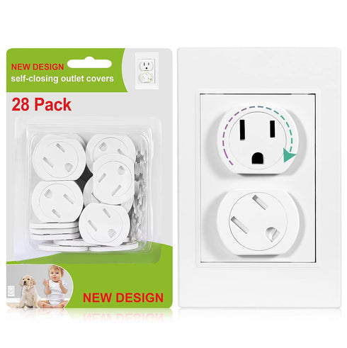Outlet Covers (28 Pack) Self-Closing Child Proof Socket Covers 3-Prong Swivel Outlet Plug Covers Upgraded Adhesive Installation Comes with Extra S...
