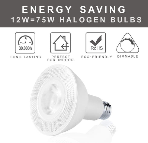 PAR30 LED Flood Light Bulbs Long Neck 5000K Daylight Dimmable 75W Halogen Equivalent 12W E26 1300LM 40 Degree Spotlight for Recessed Can Lighting ...