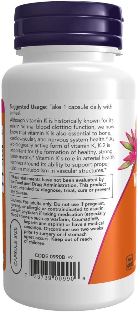 NOW Supplements, Vitamin K-2 100 mcg, Menaquinone-4 (MK-4), Supports Bone Health*, 100 Veg Capsules...