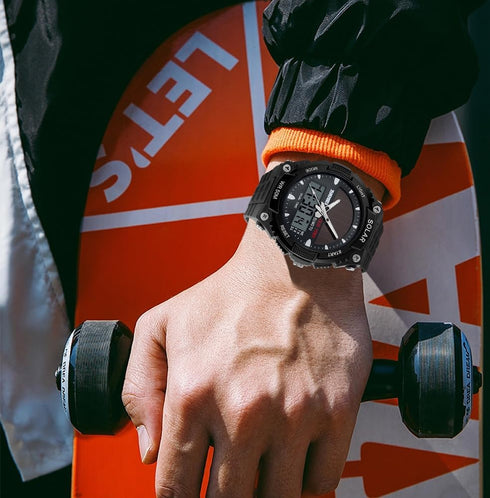 FANMIS Men's Solar Powered Casual Quartz Wrist Watch Analog Digital Multifunctional Black Sports Watch...