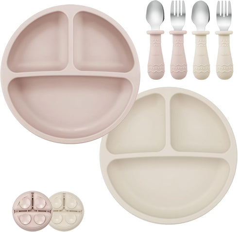 PandaEar 6 Pack Toddler Plates and Utensils Set, 2 Pack Silicone Baby Plates with Suction and 4 Stainless Steel Baby Spoons Forks, Toddler Dinnerw...