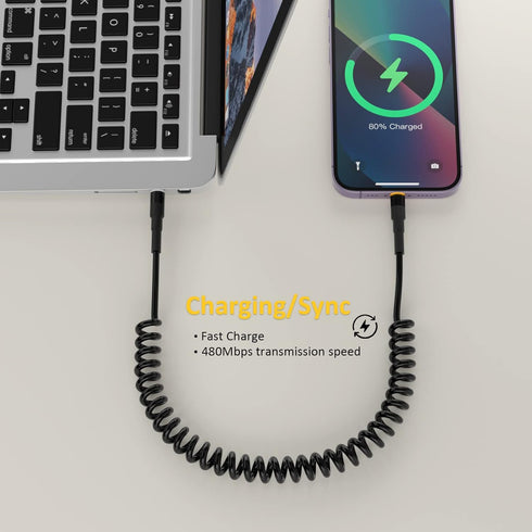 Coiled USB-C to Lightning Cable, Apple Carplay Cord Compatible & MFi Certified, USB C to Lightning Cable with Data Transmission and LED, Retractab...