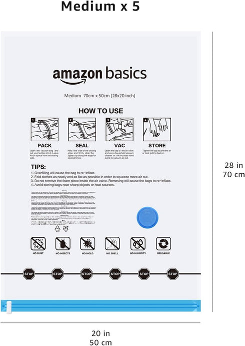 Amazon Basics Vacuum Compression Zipper Storage Bags With Hand Pump, Medium, Clear, 5-Pack, White, Sky Blue...