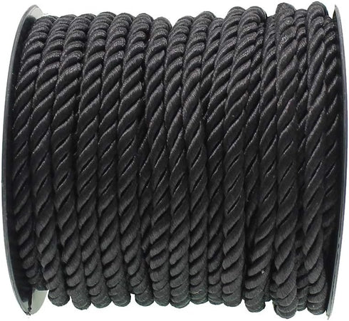 Black Satin Twisted Cord 5mm for Jewelry Making - 20 Yards Decorative Braided Polyester Twine Rope String - Shiny Thick Thread for Choker Cords an...